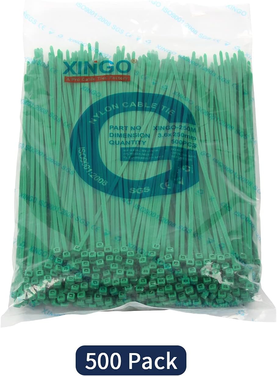XINGO 10 Inch Cable Zip Ties (500 Pack), 40 Lbs Tensile Strength-Heavy Duty, Self-Locking Nylon Plastic Nylon Wire Ties for indoor and outdoor (Green)