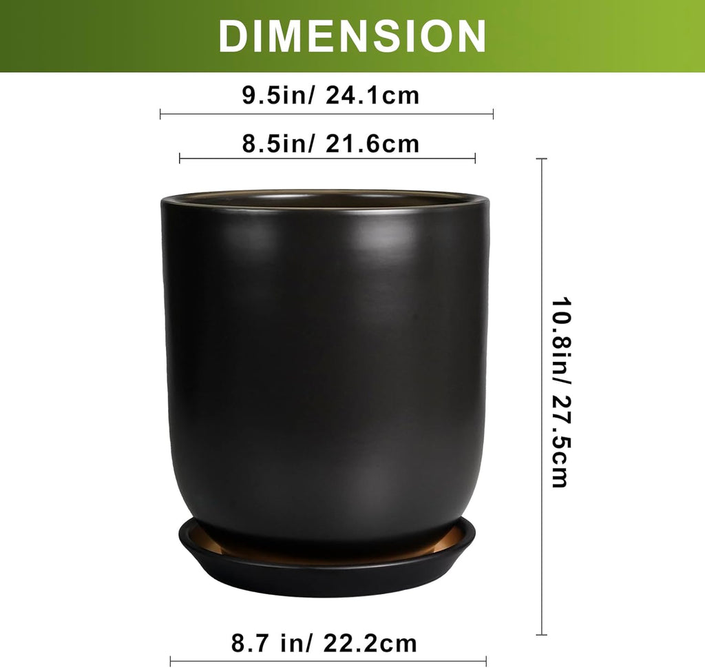 Ceramic Planter 10 Inch - Ceramic Pot for Indoor Plants Outdoor Plant Pot with Drainage Hole and Saucer Cylinder Flower Pot Black
