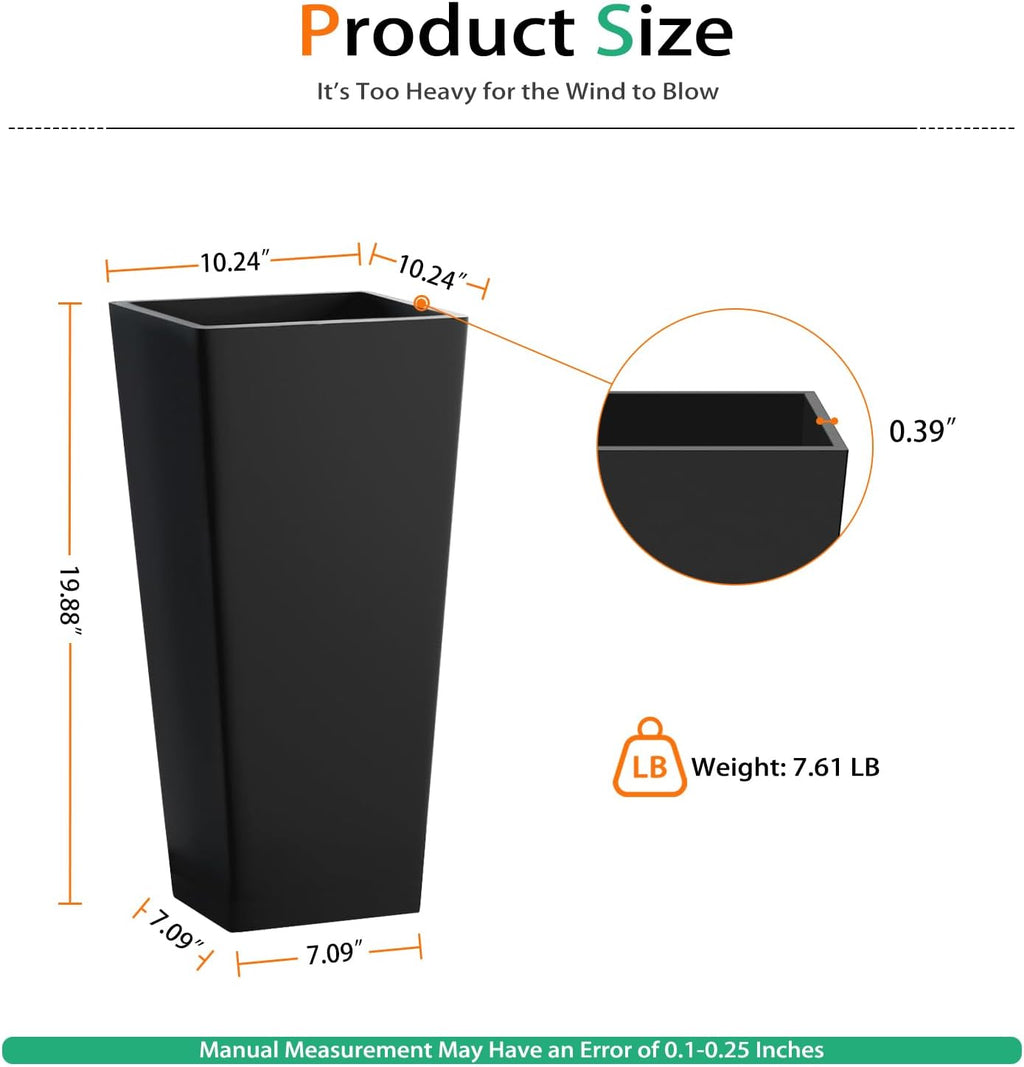 Resin Planter Outdoor Indoor, Taper Plant Pots for Flowers (Black, 20 inch - 2 Pack)