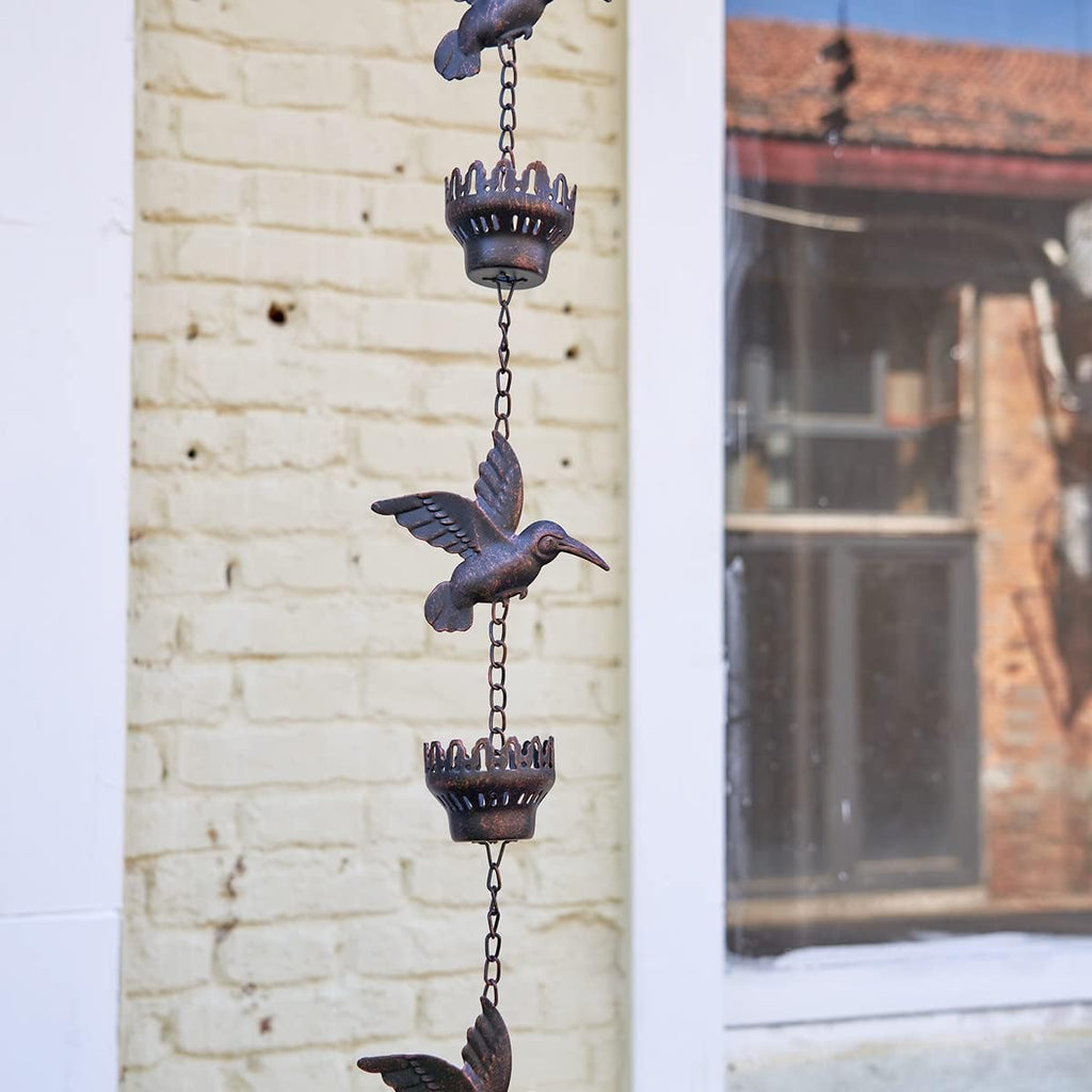 8.5Ft Hummingbird and Cup Rain Chain Outdoor Decorative Rain Gutter Drain Rain Catcher Gutter Chain with Bell