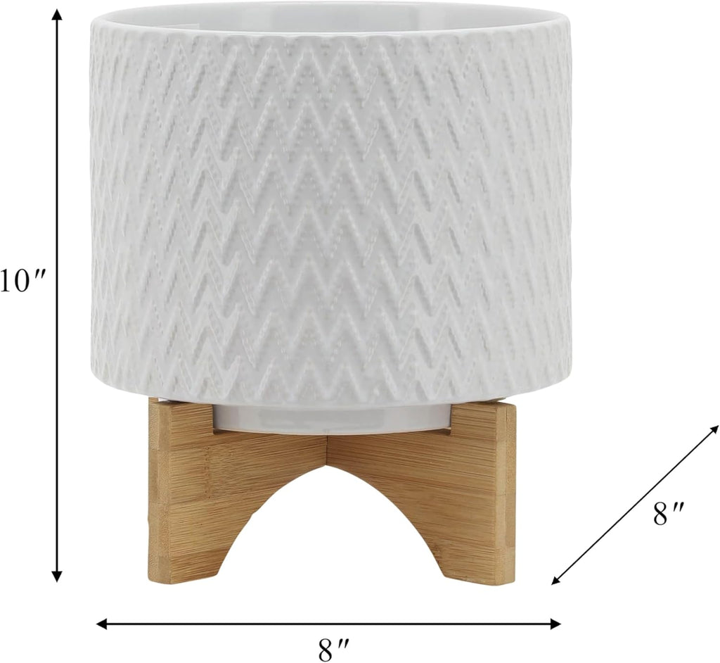 Sagebrook Home Ceramic Planter with Stand - Textured Stoneware Indoor & Outdoor Plant Holder - Modern Garden Decor for Home - 10" White