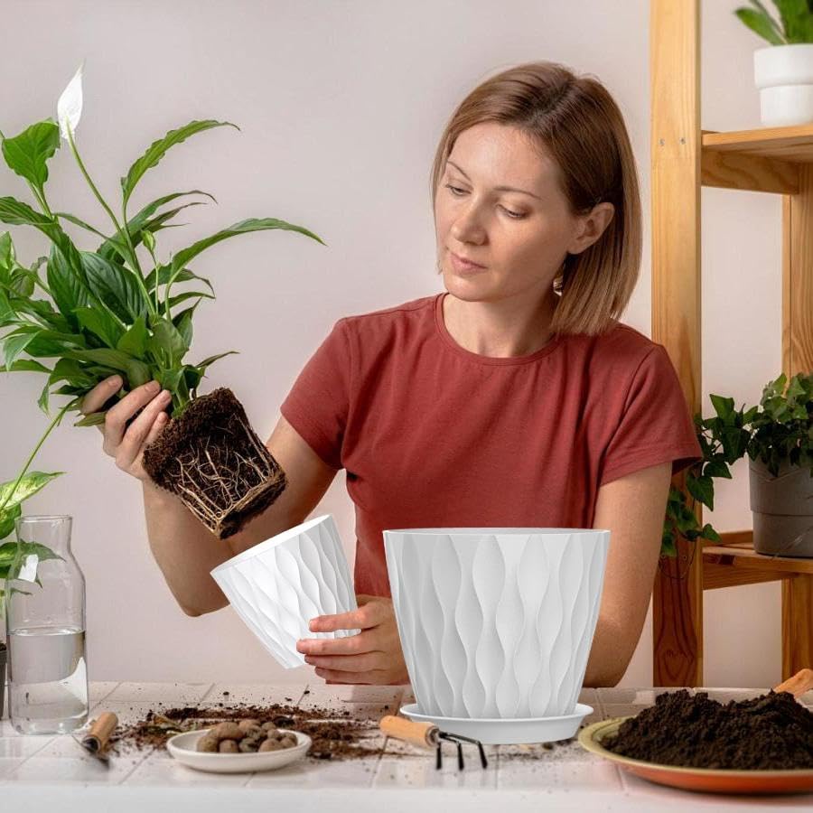 7 Inch Plant Pots 5 Pack, Flower Planters with Drainage Holes and Trays,Plastic Pots for Indoor Outdoor Plants,White