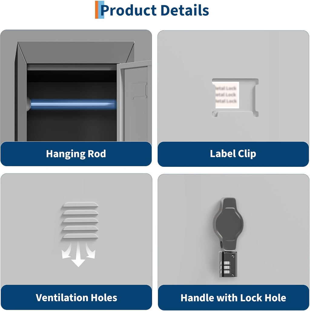 2 Doors Tall Single Metal Locker, Metal Lockers for Employees with Keys, 72” Black Employee Storage Cabinet with Doors, Steel Storage Cabinets Lockable for School, Gym, Home, Office, Mudroom, Black
