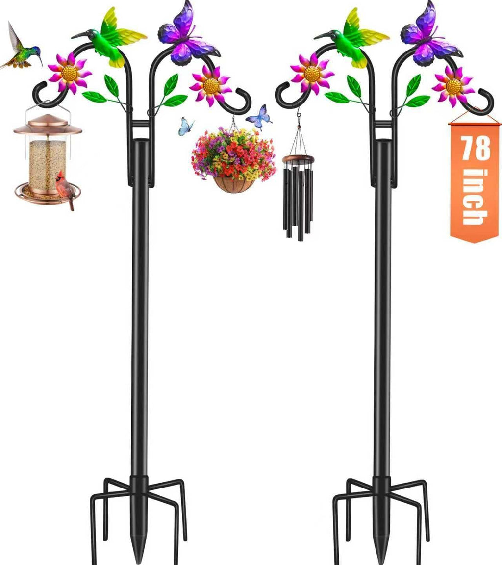 Double Shepherds Hooks for Outdoor, 78 Inch Artistic Hummingbird & Flower Design, 5 - Prong Base, Ideal for Bird Feeders, Baskets & Lanterns (2 Pack)