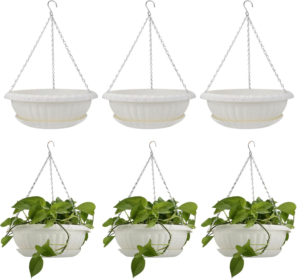 12.59in Hanging Planter Pots for Outdoor and Indoor Plants Flowers with Drainage Hole Tray Hooks Plastic Plant Baskets for Garden Home Porch (White, Pack of 6)