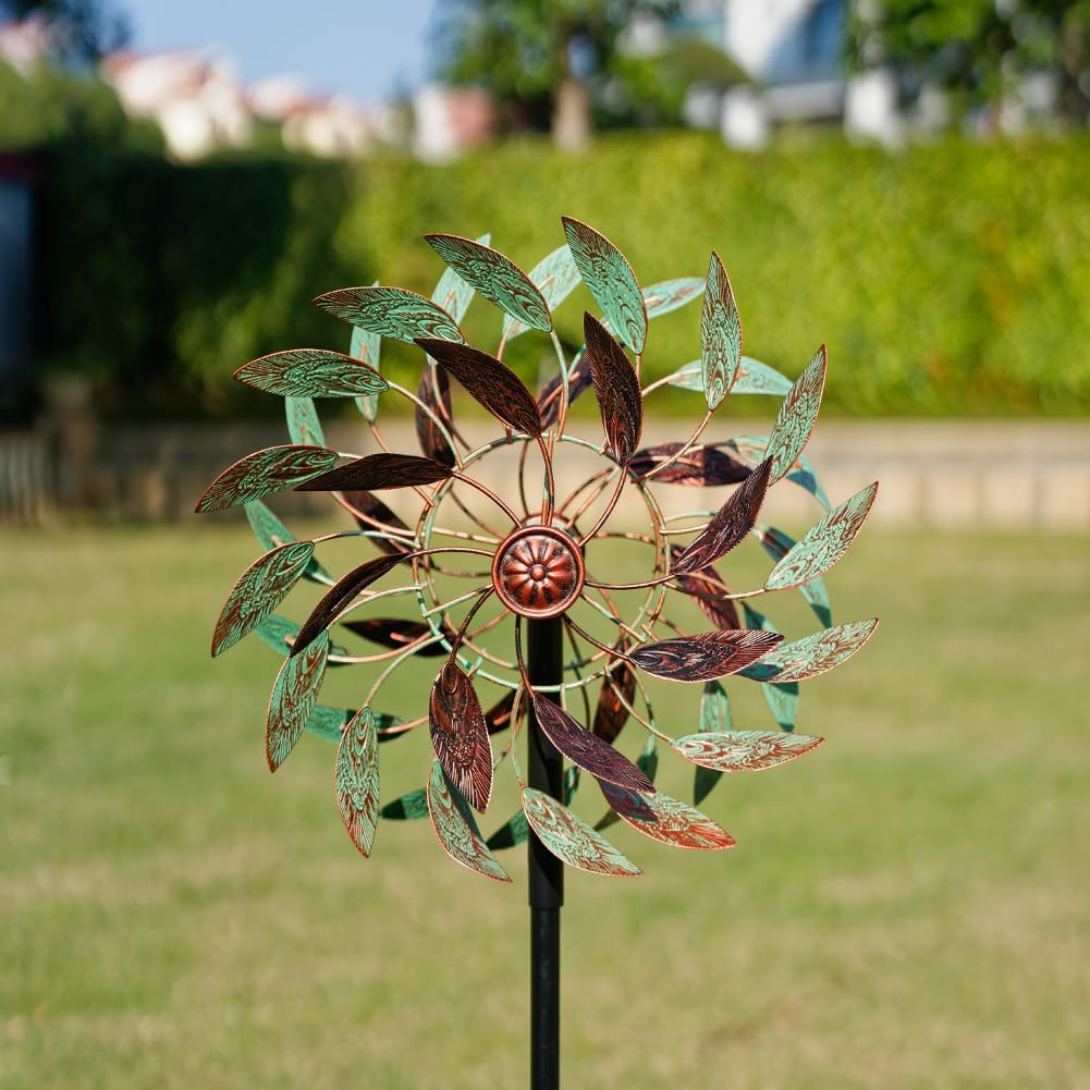 VEWOGARDEN 360° Outdoor Metal Wind Spinners Kinetic Wind Sculptures & Spinners for Yard Garden Lawn Patio Decorations, Light Green & Bronze