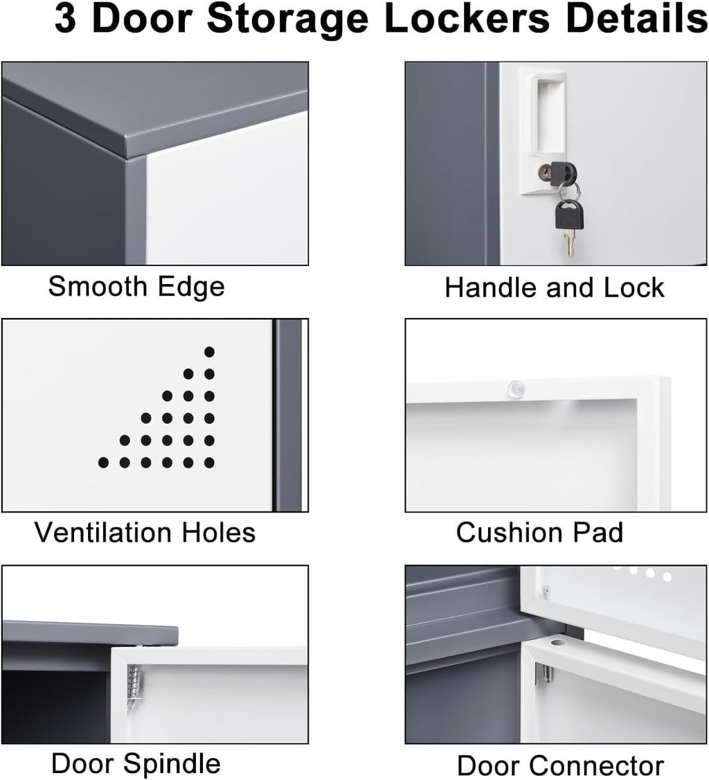 Student Locker Organizer, Multi-Door Steel Locker, Small Locking Cabinet Storage Organizer, Office File Cabinet, Home Locker, Gym Locker, Metal Storage Locker (3 Door, Gray & White)