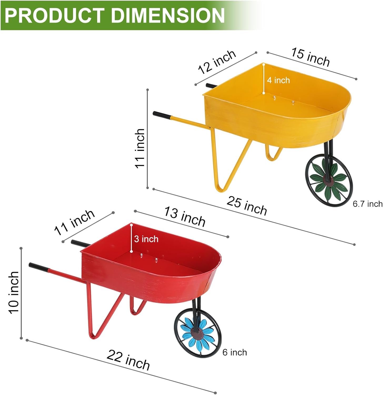 BAYN Metal Wheelbarrow Flower Cart Planter, 2 Packs Plant Stands with Triangular Support Handles Non-Rolling Wheel Vintage Wagon Planter Pots for Home Patio Garden Backyard Rustic Outdoor Decor