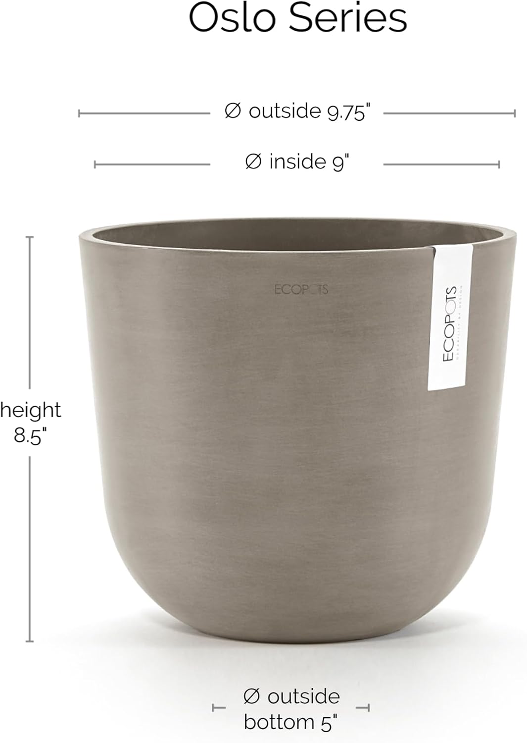 Ecopots Oslo Durable Modern Round Indoor/Outdoor Recycled-Based Composite Flower Pot Planter, Taupe, 10"