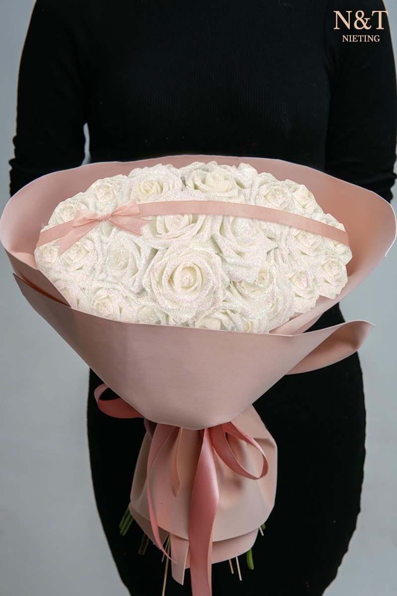N&T NIETING Artificial Flowers Glitter Roses Flowers 25pcs White Foam Shiny Roses Real Looking Fake Roses with Stem for DIY Wedding Bouquets Centerpieces Bridal Shower Party Home Decorations