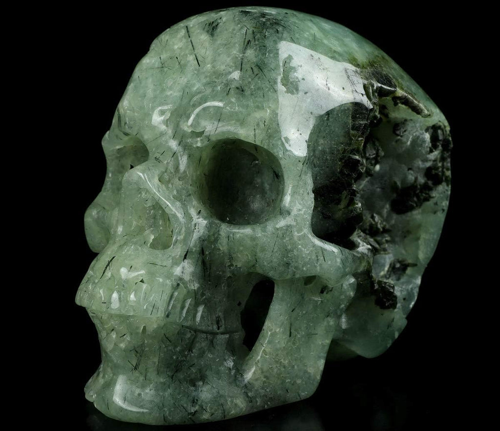 Skullis 5.0” Prehnite Super Realistic Crystal Skull, Hand Carved Gemstone Fine Art Sculpture, Reiki Healing Stone Statue.1293 Z8