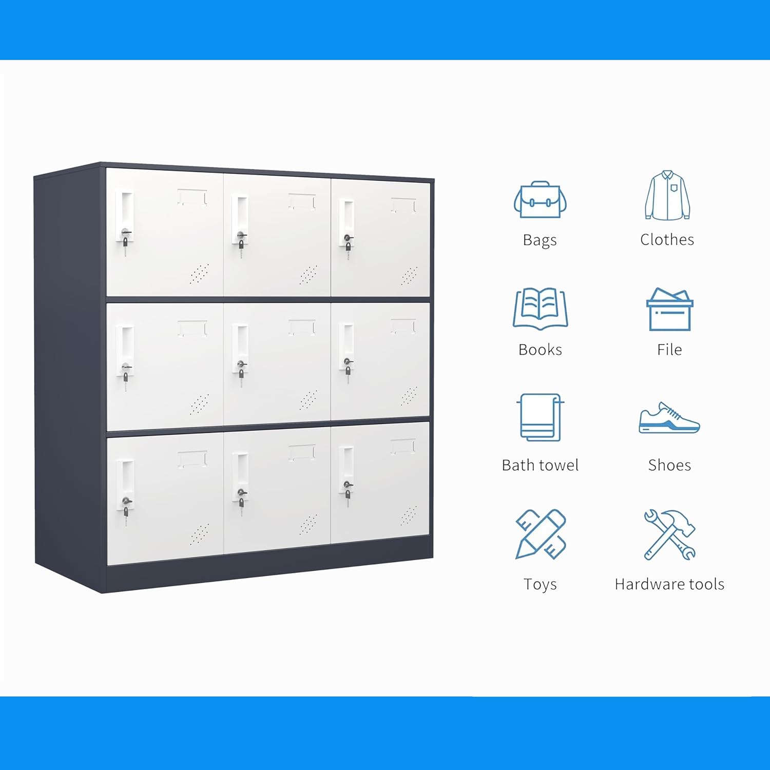 9 Door Metal Storage Locker for Employee,School,Office,Gym,Garage,Locker Cabinet with Lock and Card Slot (9 Door, Grey)