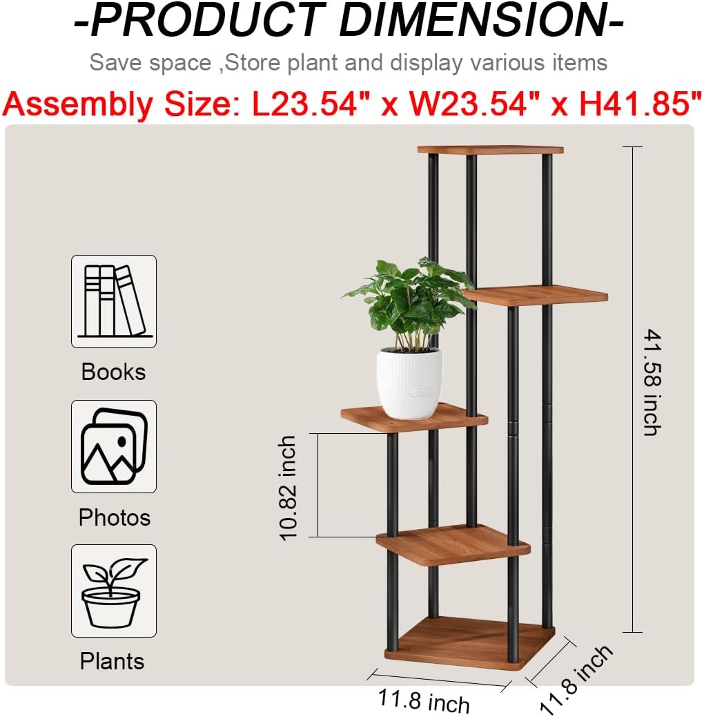 AZERPIAN Plant Stand 5 Tier Indoor Metal Flower Shelf for Multiple Plants Corner Tall Flower Holders for Patio Garden Living Room Balcony Bedroom, Walnut (5 Tier-Walnut)