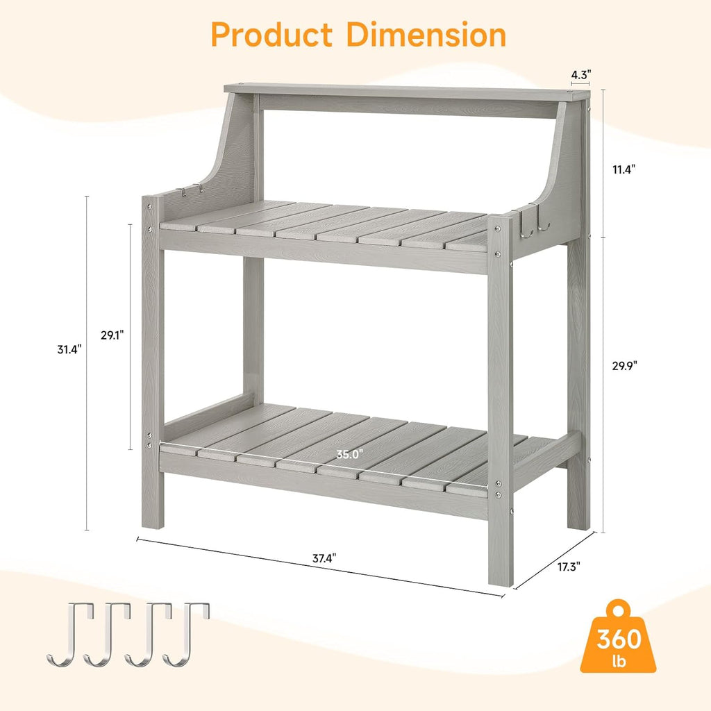 Potting Bench Table, HDPS Potting Bench with 4 Side Hooks, All-Weather Garden Table Work Station, Outdoor Potting Table for Porch, No Rust, No Fade, No Break, 360lbs Capacity (Grey, Large)