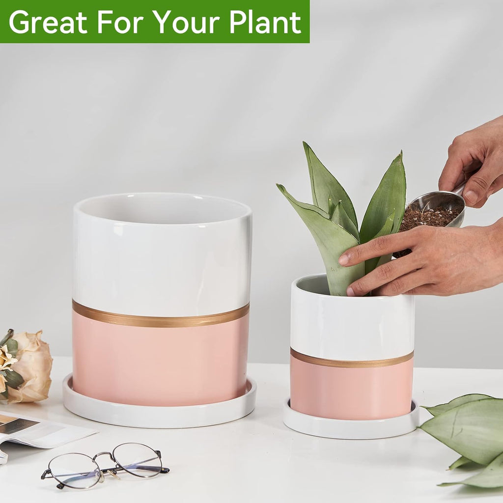 Ekirlin 6 inch Plant Pot - Ceramic Flower Planters Indoor - Modern Succulents Containers with Drain Hole Saucer, Decorate Home, Office & Outdoor (Pink)