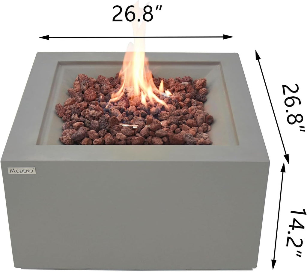 AMS Fireplace | Modeno Ridgefield Package | Light Gray Natural Gas Fire Pit Table for Outside Patio Bundle with Wind Guard, SS Burner Lid | Free Ice Bucket & Rubber Mat