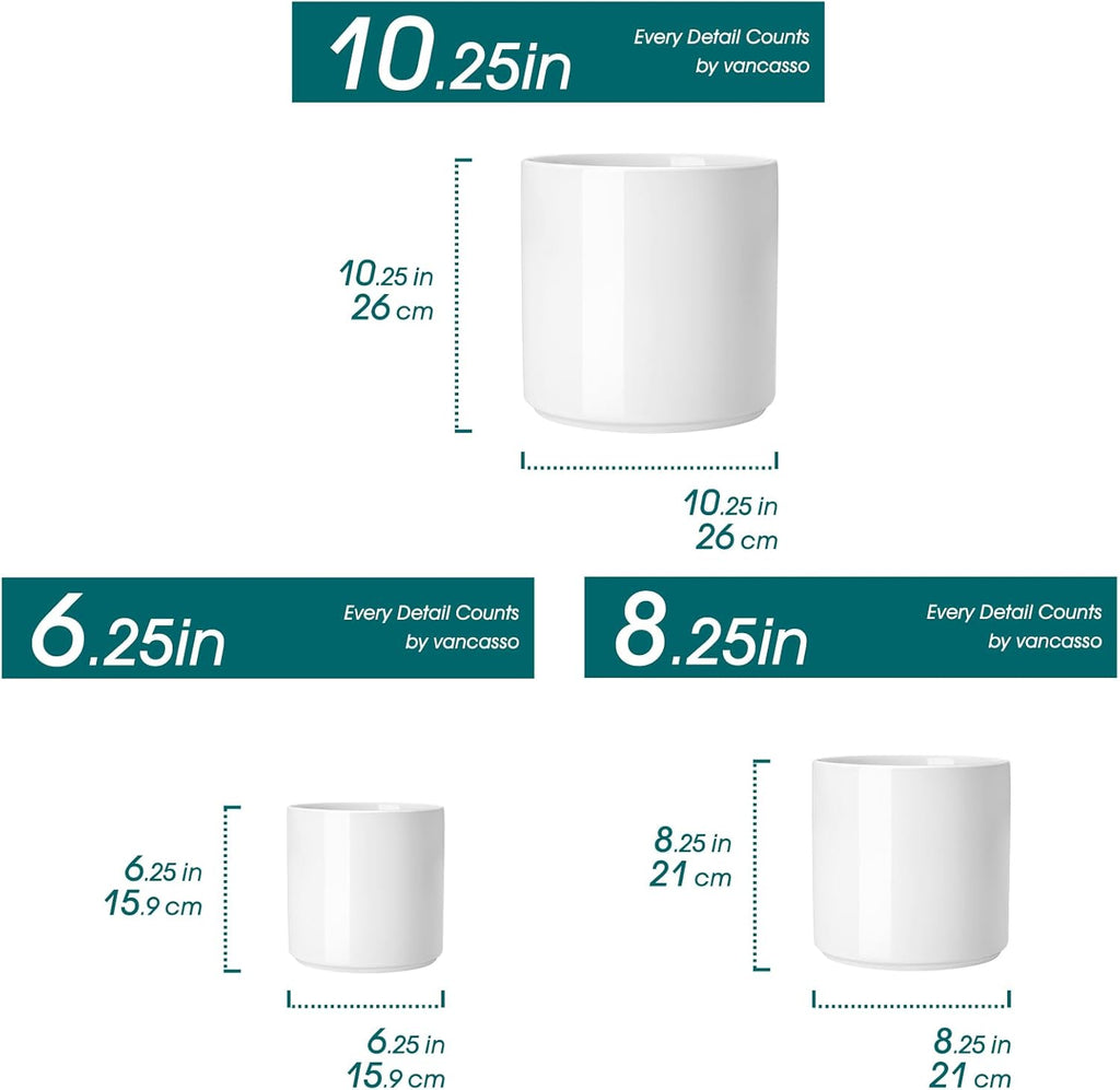 vancasso 6"+8"+10" Ceramic Pot for Plants, Large Outdoor Indoor Planter Pots with Drainage Holes, Set of 3, White