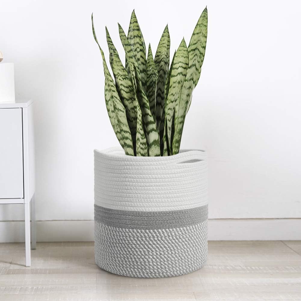 TIMEYARD Woven Cotton Rope Plant Basket for 10" Flower Pot Floor Indoor Planters, 11” x 11” Storage Basket Organizer Modern Home Decor, Grey and White Stripes