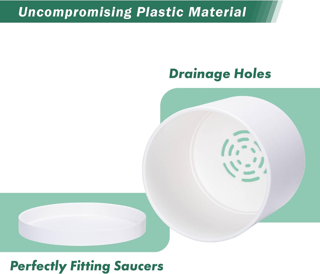 D'vine Dev 14 Inch White Plastic Planter Pots for Plant Pot with Drainage Hole and Seamless Saucers, 74-X-A-4