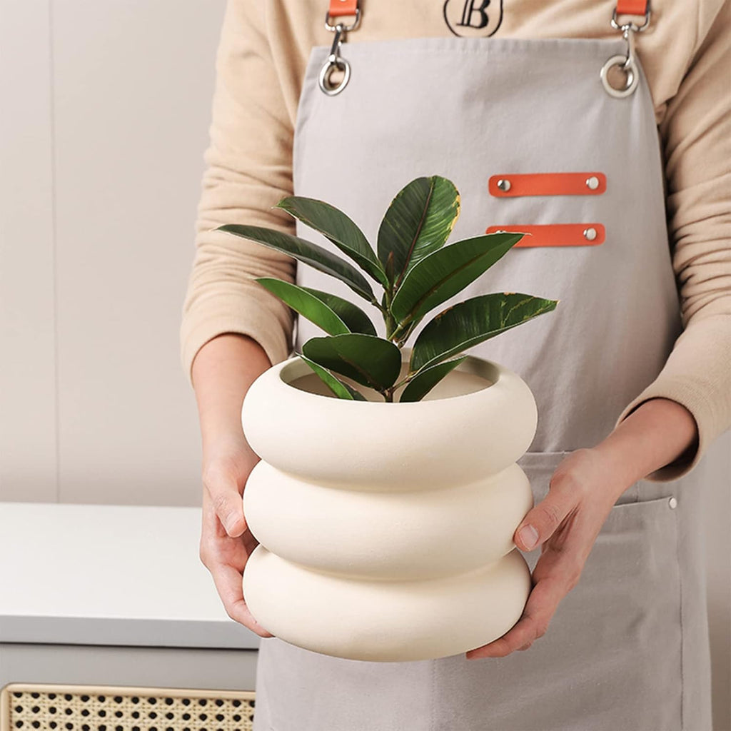 Ceramic Plant Pot Indoor, 6.3 Inch Beige Unglazed Flower Pot with Drainage Hole, Bubble Design Ceramic Planter for Home & Office Decor