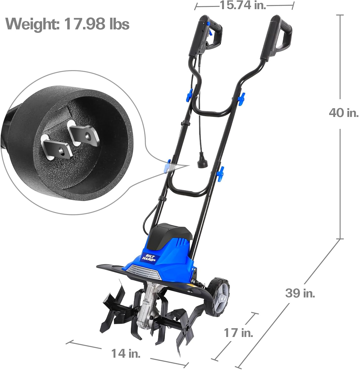BILT HARD 14" 10Amp Electric Garden Tiller | 4 Steel Tines Tiller Cultivator with Foldable Handle & Adjustable Wheels for Soil Cultivation, Weeding, Portable Gardening