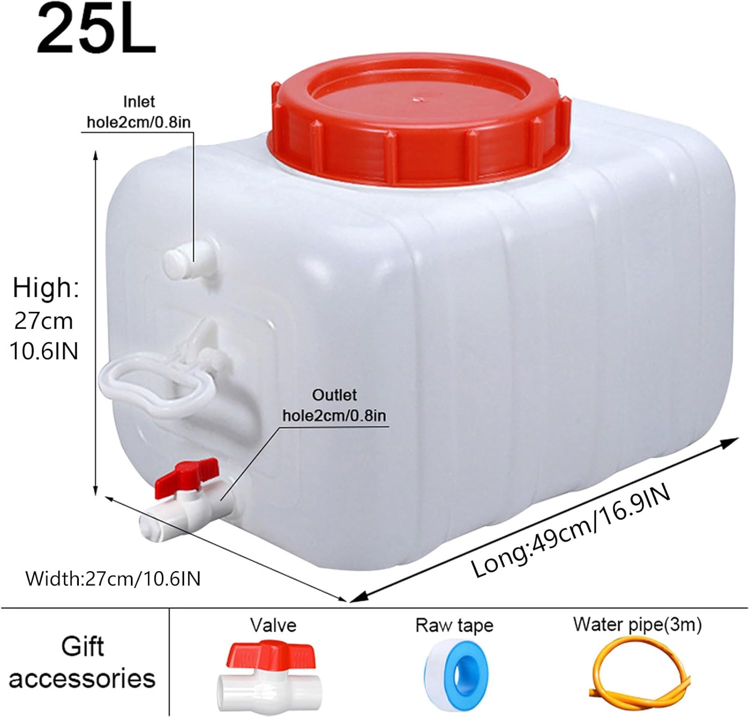 Large Capacity Water Container with Spigot Hose, Portable Water Storage Tank 52.8 Gallon No Leakage Camping Water Carrier for Emergency Vehicle Car Outdoor Hiking Picnic(Size:25L/6.6Gal)