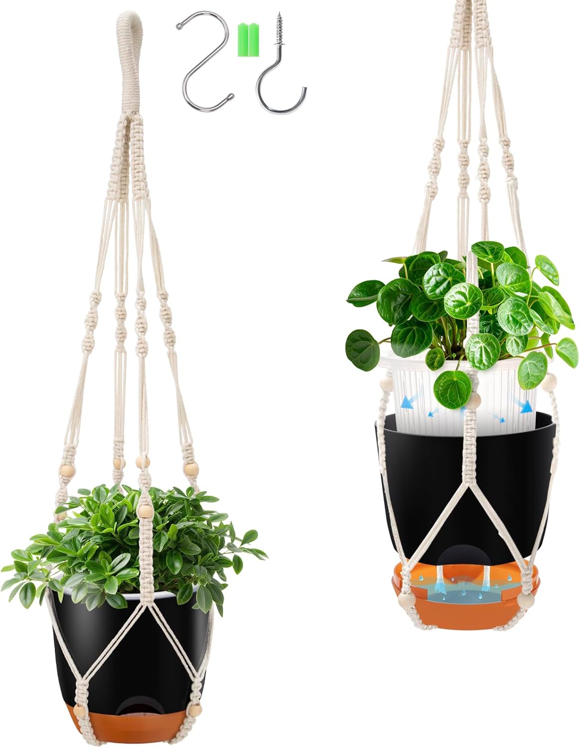 2-Pack Self-Watering Hanging Planters for Indoor & Outdoor Plants,34-Inch macrame hanger plant pots indoor with drainage,5.7-Inch Small Hanging Planters & Baskets in Black,With two sets of hooks
