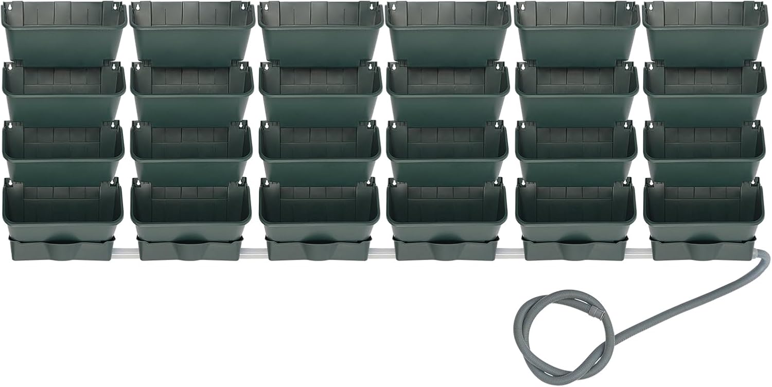 Vertical Wall Planter with 24 Pots, Hanging Garden Plant Flowerpot Holder, Stackable Wall-Mounted Planter, Balcony Planters for Flowers Vegetables Fruits (Army Green, 24 Pots+6 Drainage Planters&Pipe)