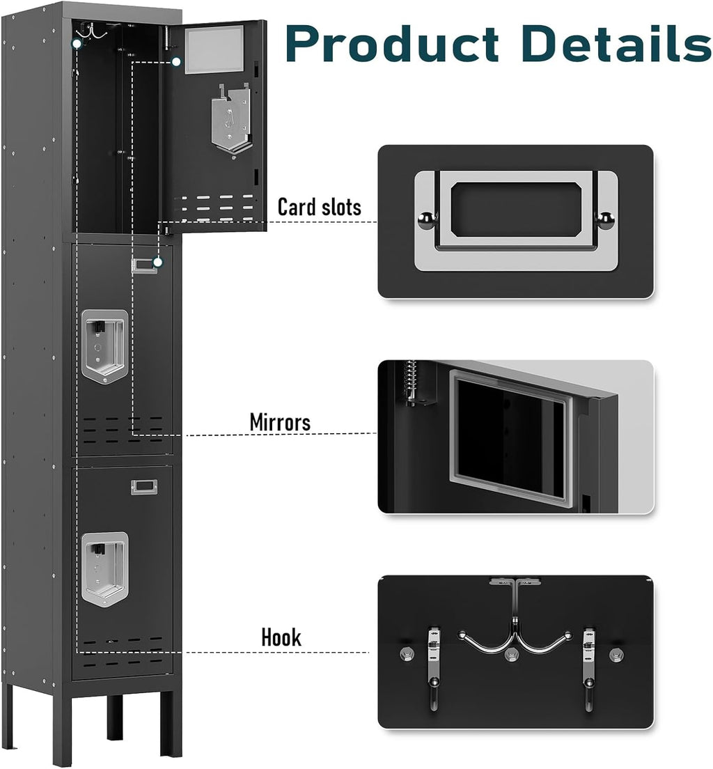 Metal Lockers - 66" Height Steel Lockers for Employees with 3 Door Storage Locker with Card Slot for Employees Gym School Home Office Garage - Assembly Required
