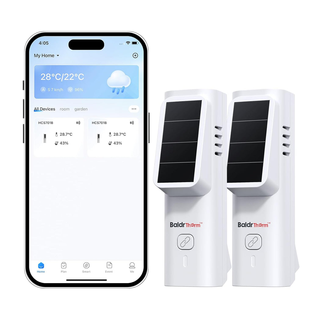 Solar Bluetooth Temperature & Humidity Monitor, Wireless Thermometer with Date Storage, Real-Time Alerts, 262 Feet Connecting Range, Apply for Room Greenhouse, Pet Cages, 2pack