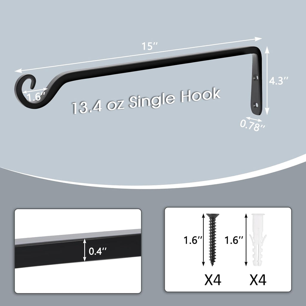 Gtongoko 2 Pack 15 Inch Plant Hangers Outdoor Metal, Plant Hooks for Wall Indoor, Outdoor Hooks for Hanging Bird Feeders, Plant Bracket, Lanterns, Wind Chinme, Black