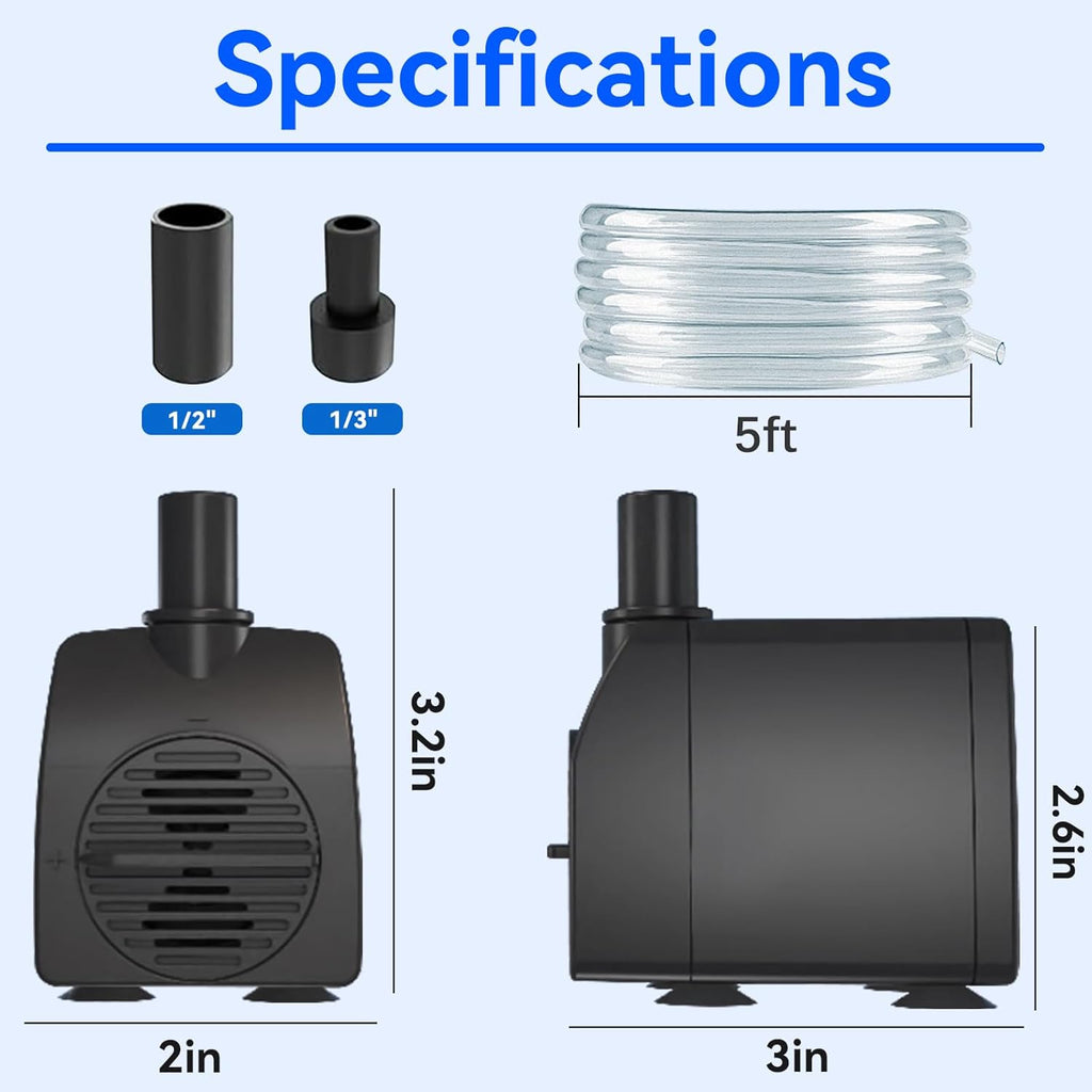 Submersible Pump 200GPH with AUTO-Shut-Off 5.2ft High Lift for Fountains, Hydroponics, Ponds, Aquariums & More