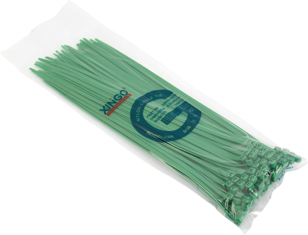 XINGO 100PCS Cable Zip Ties Heavy Duty, Premium Nylon Plastic Wire Ties with 50 Pounds Tensile Strength, Self-Locking Black Nylon Zip Ties for Indoor and Outdoor (12 inch, Green)
