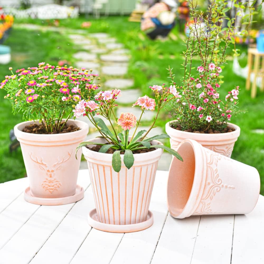 Sungmor Set of 3 Terra Cotta Pots With Saucer & Drainage Hole - 8 Inch Large & Deep Clay Planters, Unique Embossed & Pretty Color Pottery for Plants, Orchid, Cactus, Succulent