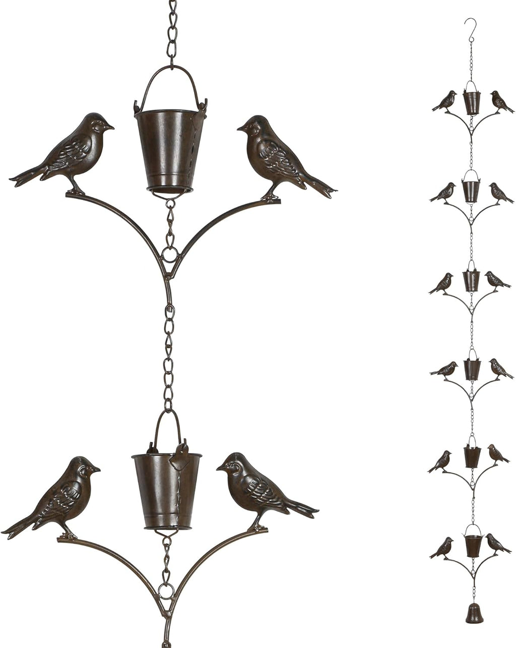 Metal Rain Chain Decoration 6.3FT., Rain Catcher Metal Chain Gutter Downspout 76'' for House Eaves, Garden & Home, Birds & Buckets Shape Rain Chains