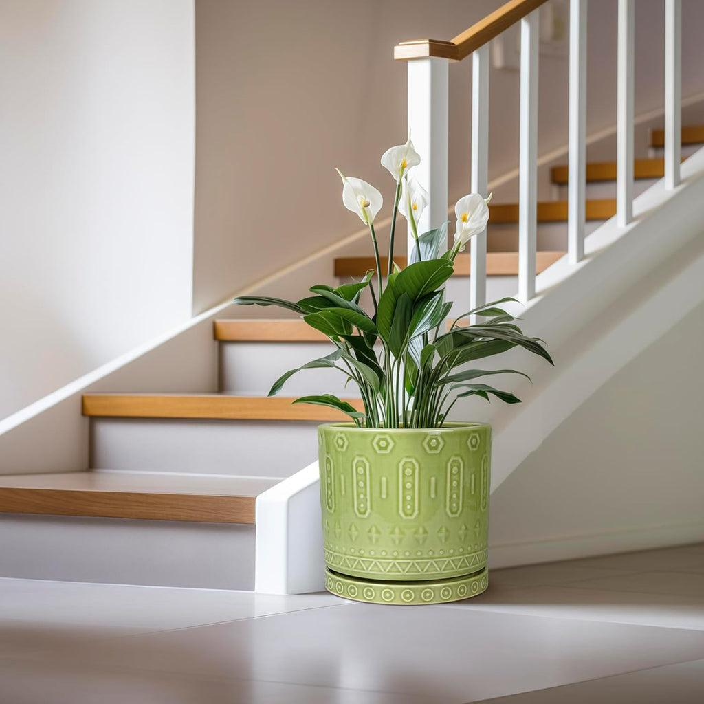 Ceramic Planter - 12 Inch Pots for Plants Indoor Outdoor, Round Large Flower Pots with Drainage Hole and Saucer, Decorative Boho Planter, Home Office Decor, Plant Lover Gifts, Green