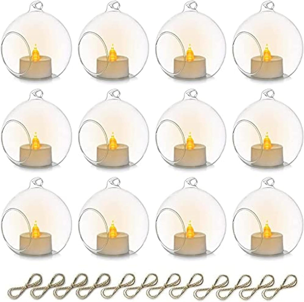 Sziqiqi Hanging Glass Globes Orbs Tea Light Candle Holders with Flameless LED Tealight for Wedding Ornaments Wedding Birthday Christmas Party Centerpiece Accessory 3.15in 12pcs