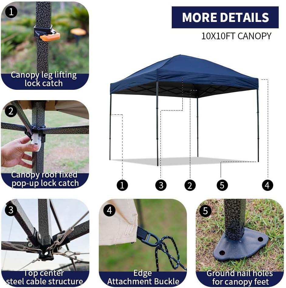 10x10 Pop Up Canopy Tent Outdoor Canopy Tent with Sand Bags Instant for Camping Beach Parties Backyard (Navy Blue)