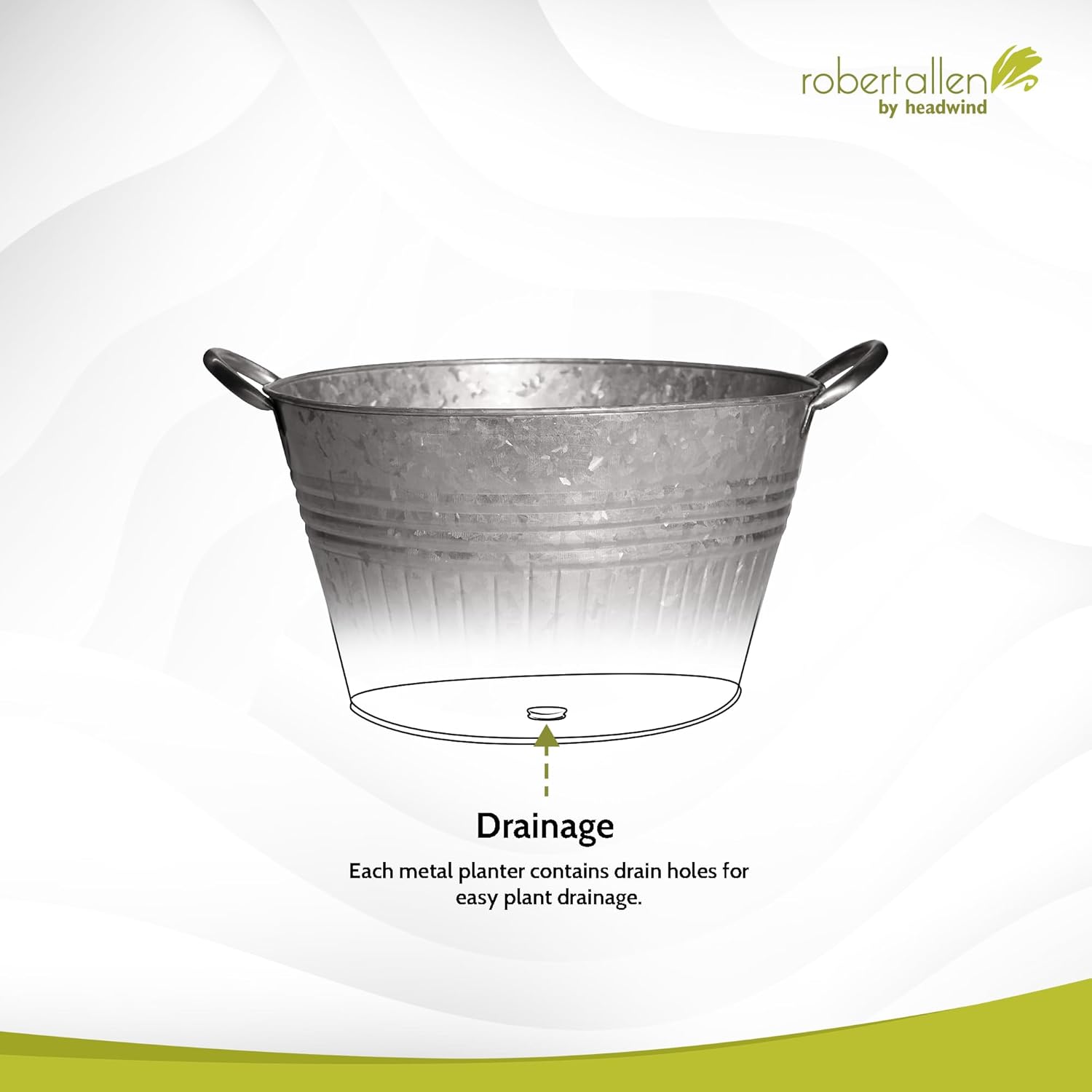 Headwind Round Galvanized Tub Planter with Handles – 16 Inch Lightweight Metal Planter with Drainage Hole – Galvanized Steel Tub for Plants - Metal Flower Pot by Robert Allen