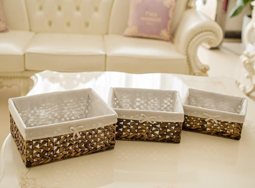 Rectangular Woven Seagrass Storage Bin with Handle,Kingwillow. (water hyacinth, Large)