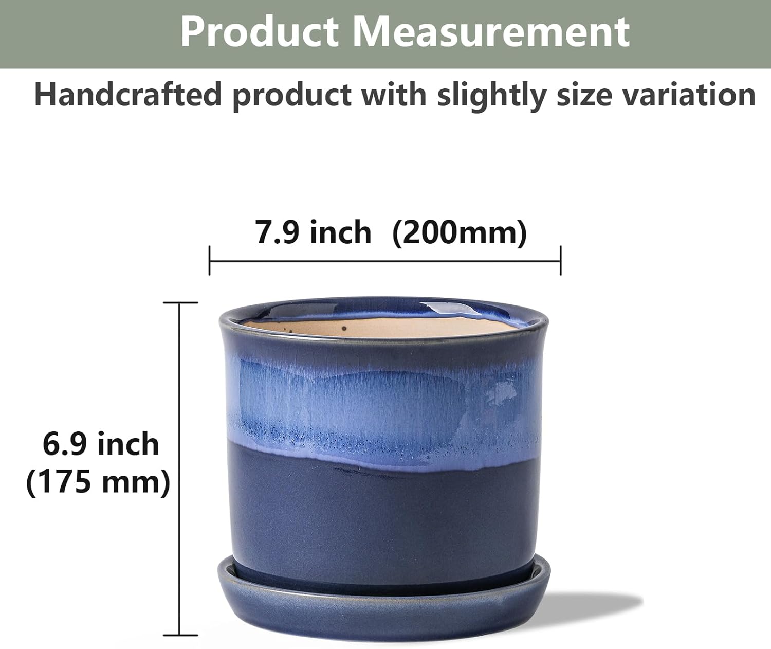 8 Inch Plant Pot: Ceramic Planter with Drainage Hole & Saucer - Gradient Blue Flowerpot for Indoor & Outdoor Plants with Separate Tray