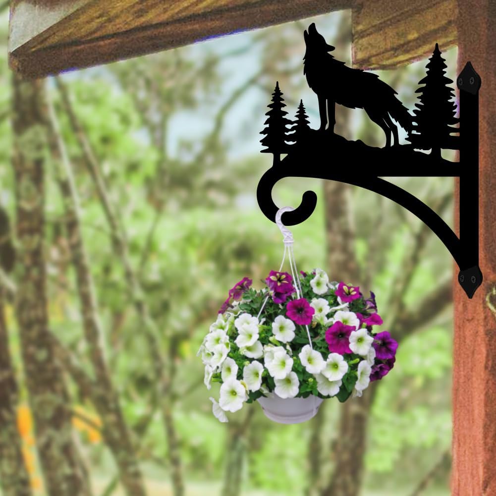 Peacoblue Iron Plant Hangers Hooks for Outdoor Indoor Hanging Plant Flower Fern Pots Lantern Bird Feeder,12"x15" Weather Resistant Metal Wall Holder for Porch Garden Farmhouse(Howling Wolf and Forest)