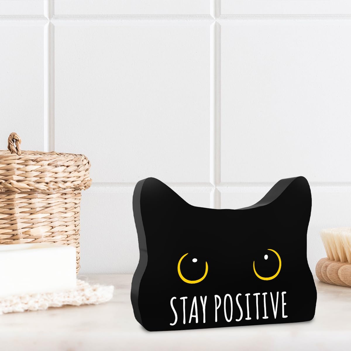 Stay Positive Funny Bathroom Acrylic Decor Sign Black Cat Decor Cat Decor for Home Bathroom Cat Lover Gifts For Women Men