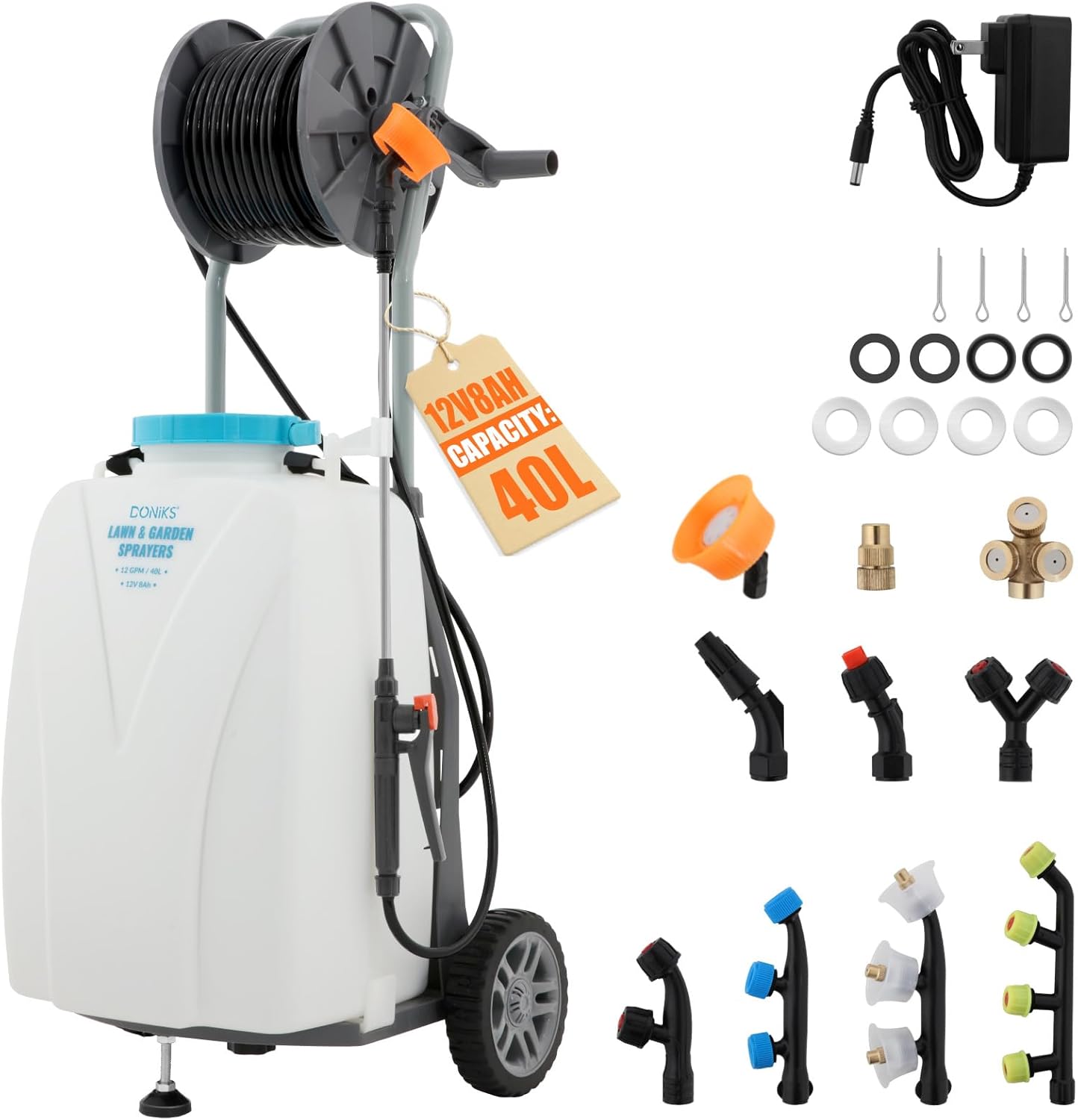10.6 Gallon Battery Powered Sprayer with Wheeled Cart, 0-90PSI, 12V 8Ah Battery 5-6h Spray Time,98FT Hose with Reel，Adjustable HD Wand and 10 Nozzles for Weeding, Spraying, Cleaning