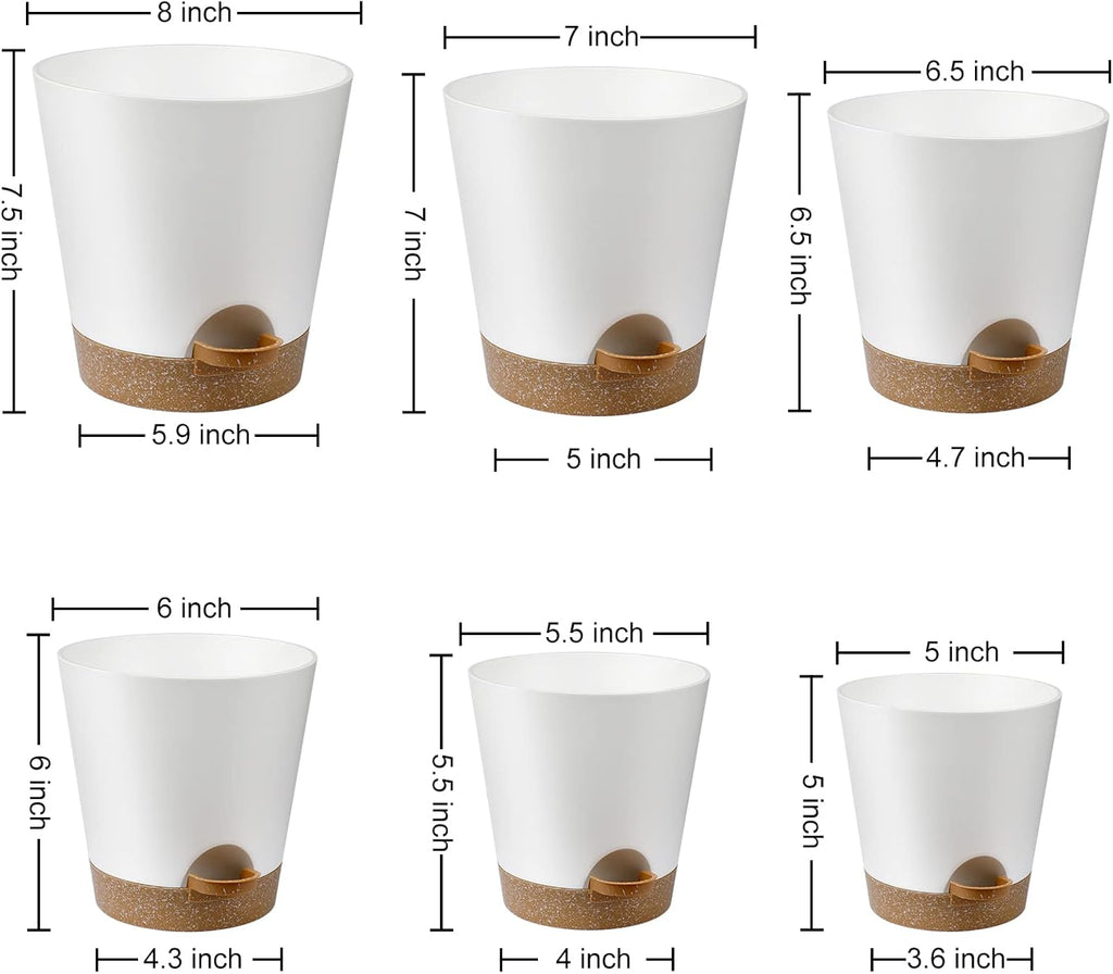 Indoor Self Watering Planters with Drainage Holes and Saucers, 8, 7, 6.5, 6, 5.5, 5 Inches, White, 6 Pots