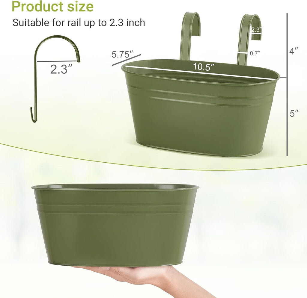 Dahey Metal Iron Hanging Flower Pots for Railing Fence Hanging Bucket Pots Countryside Style Outdoor Planter Window Flower Plant Holder with Detachable Hooks Home Decor,Green,5 Pcs