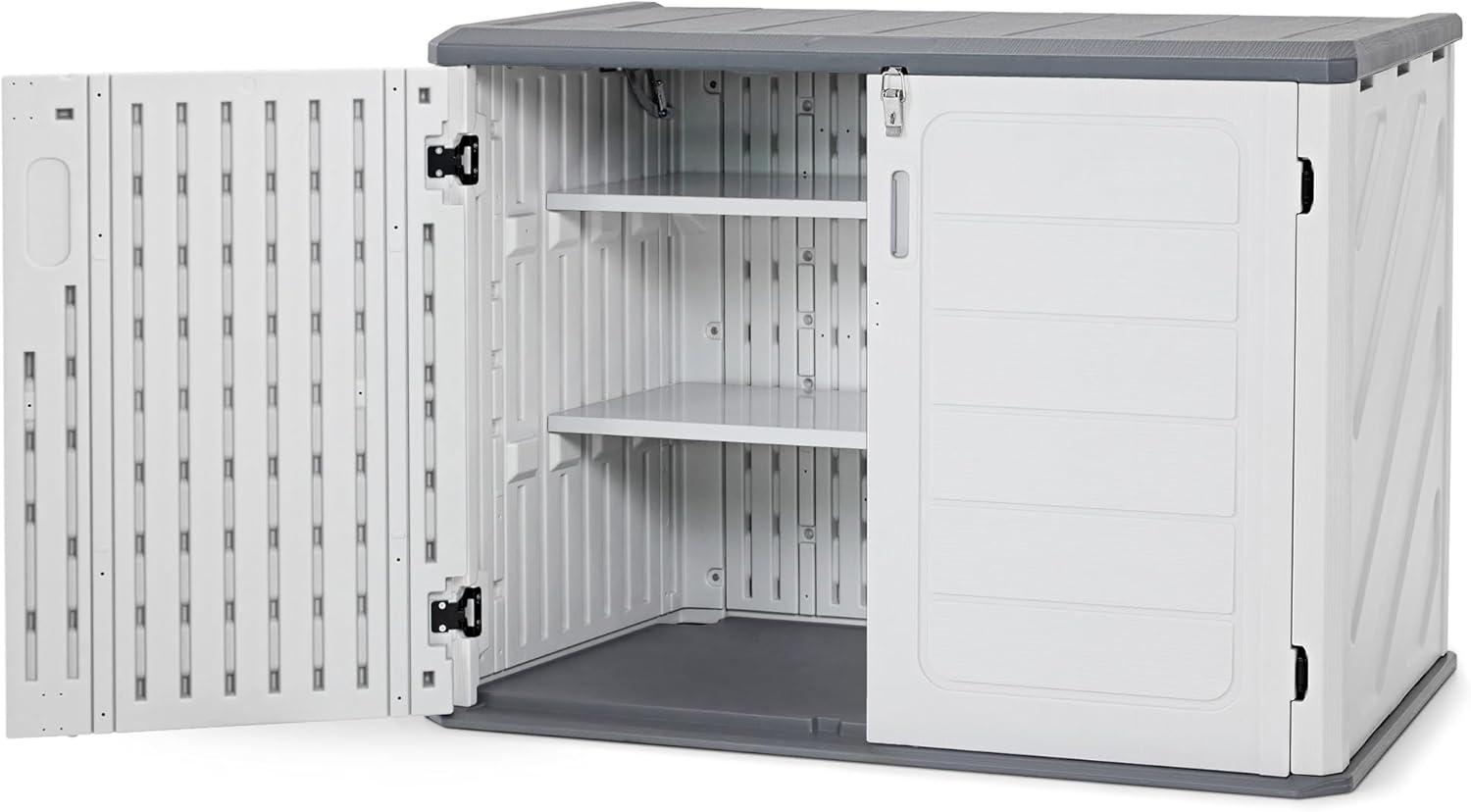 Macrout 25 Cu.Ft Small Plastic Outdoor Storage Cabinet with Shelves, 4.3 x 2.5 ft Waterproof Resin Outdoor Storage Shed with Floor, Lockable Horizontal Shed for Garden and Patio