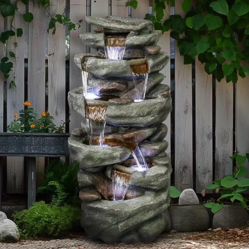 SunJet 40.5” High Rocks Outdoor Water Fountain - 6-Tiers Cascading Waterfall with LED Lights, Soothing Tranquility for Home Garden, Yard Decor