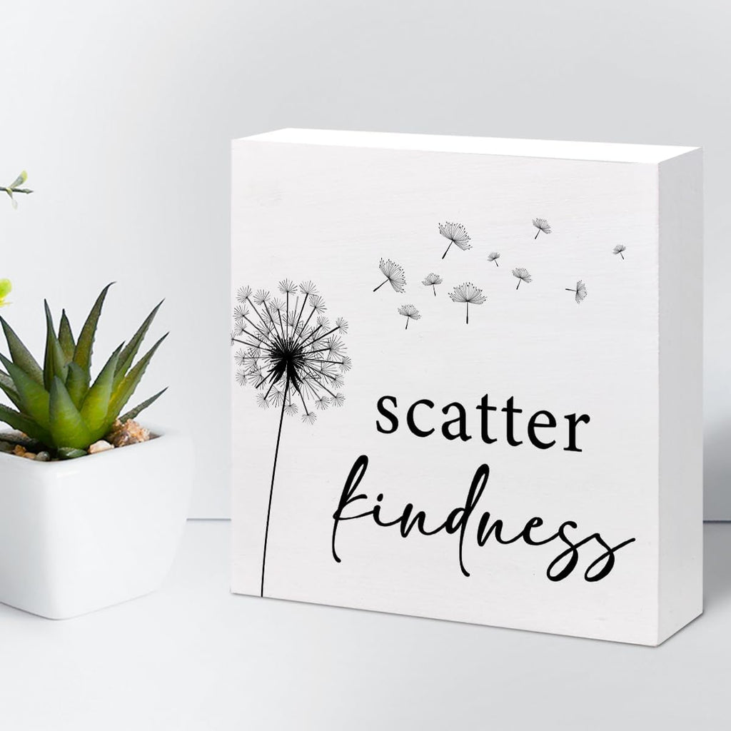 z-Crange Scatter Kindness Dandelion Wood Block Sign, Rustic Kindness Quote Wooden Box Plaque Sign for Home, College, Office Shelf, Table Decor
