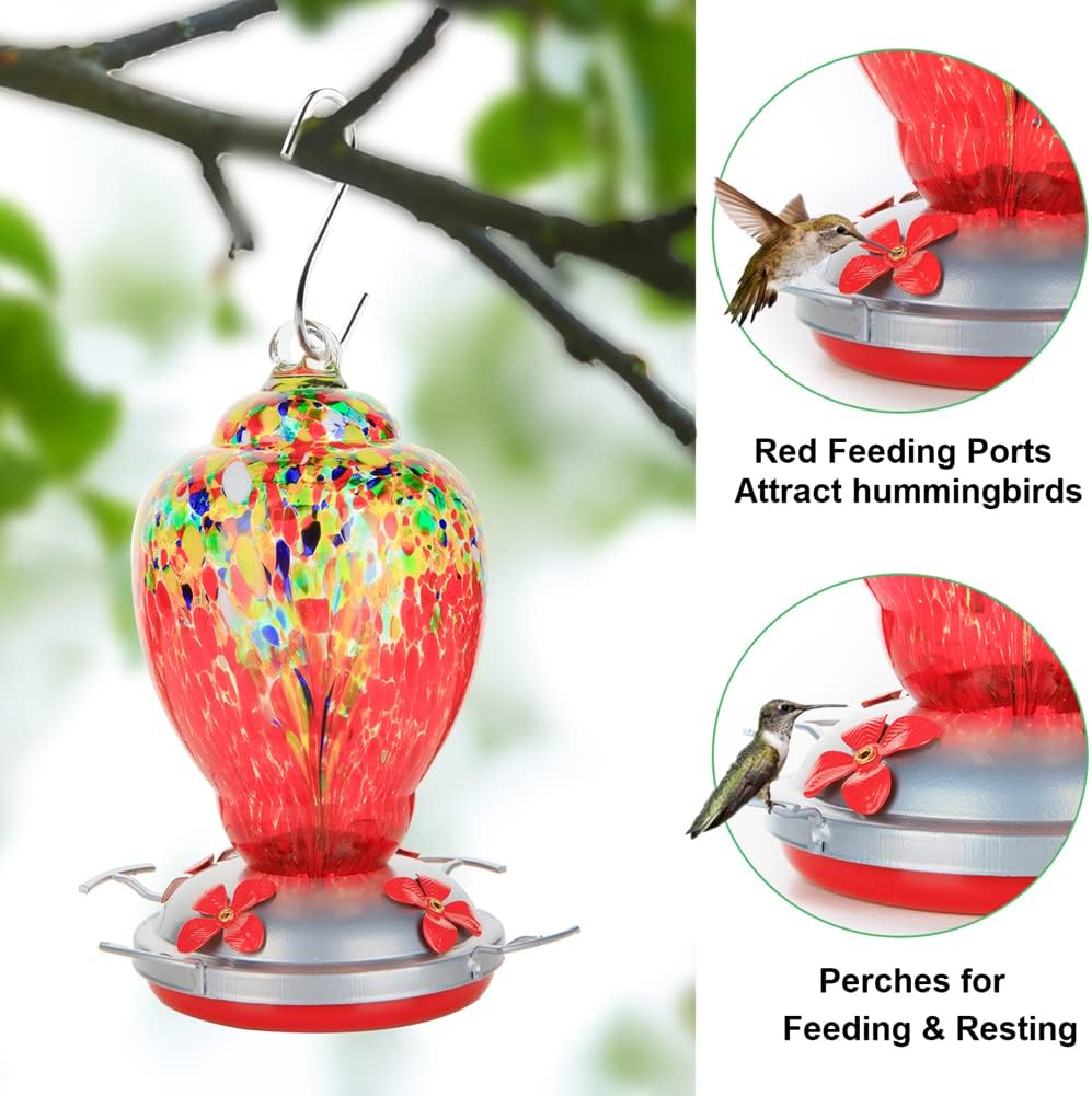 WOSIBO Hummingbird Feeder for Outdoors Patio Large 32 Ounces Colorful Hand Blown Glass Hummingbird Feeder with Ant Moat Hanging Hook, Rope, Brush and Service Card (Red-Sunrise)